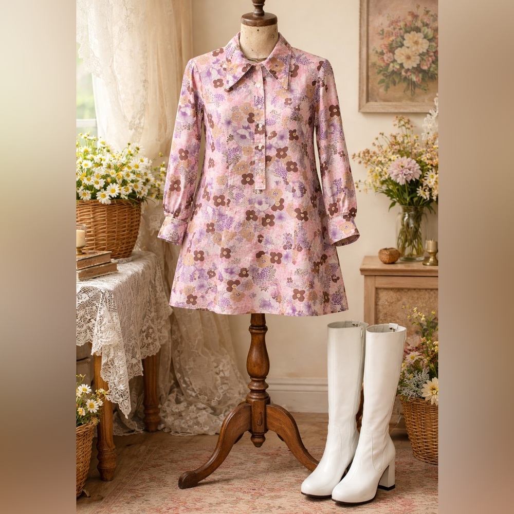 Vintage 1970s Lavender Pink Floral, T Shirt Style, Mini Shift Dress